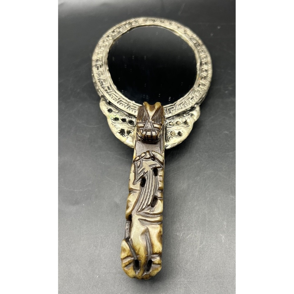 Vintage Chinese Carved Jade Dragon Hand Mirror And Orange Jadeite 9"